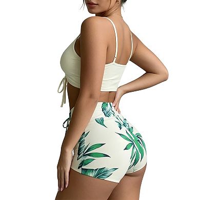 Women's colorful Print Two Piece Swimsuit, Ruched Tie Front High Waist Bathing Suit