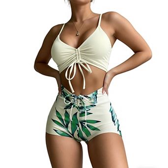 Women's colorful Print Two Piece Swimsuit, Ruched Tie Front High Waist Bathing Suit