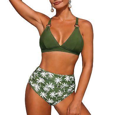 Women's High Waist Bikini Set, O Ring colorful Print Two Piece Swimsuit with Tie Back