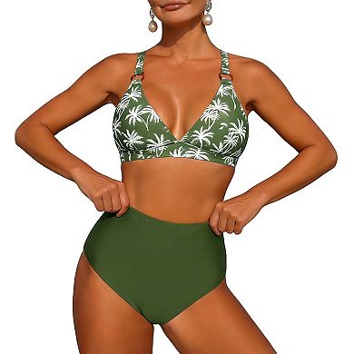 Women's High Waist Bikini Set, O Ring colorful Print Two Piece Swimsuit with Tie Back