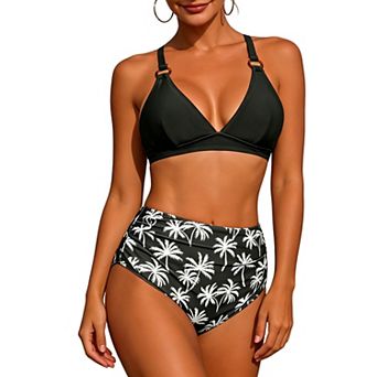 Women's High Waist Bikini Set, O Ring colorful Print Two Piece Swimsuit with Tie Back