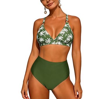 Women's High Waist Bikini Set, O Ring colorful Print Two Piece Swimsuit with Tie Back