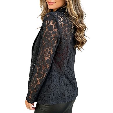 Women's Lace Sheer Long Sleeve Blazer, Elegant Open Front Office Jacket
