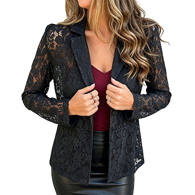 Women's Lace Sheer Long Sleeve Blazer, Elegant Open Front Office Jacket
