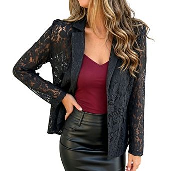 Women's Lace Sheer Long Sleeve Blazer, Elegant Open Front Office Jacket