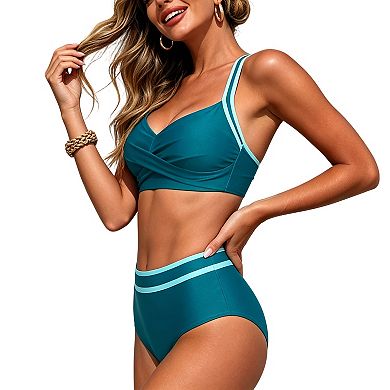 Women Wrap Front Bikini Set with High-Waisted Bottom Adjustable Back Straps Swim Suit