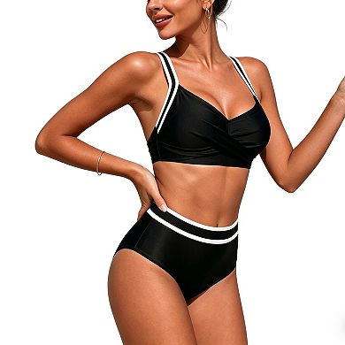 Women Wrap Front Bikini Set with High-Waisted Bottom Adjustable Back Straps Swim Suit