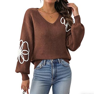 Women's Floral Embroidered Balloon Sleeve V-Neck Sweater Cozy & Lightweight