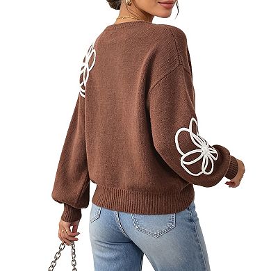 Women's Floral Embroidered Balloon Sleeve V-Neck Sweater Cozy & Lightweight
