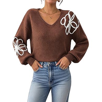 Women's Floral Embroidered Balloon Sleeve V-Neck Sweater Cozy & Lightweight