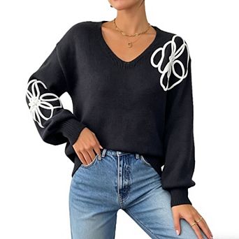 Women's Floral Embroidered Balloon Sleeve V-Neck Sweater Cozy & Lightweight