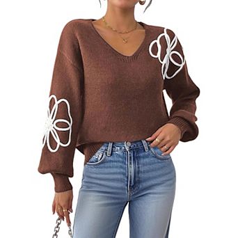 Women's Floral Embroidered Balloon Sleeve V-Neck Sweater Cozy & Lightweight