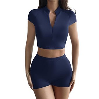 Women's Zip Front Crop Top and High Waist Shorts, Two Piece Activewear Set