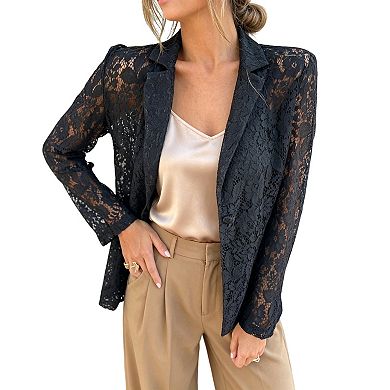 Sheer Floral Lace Blazer with Notched Lapel Lightweight & Romantic Women Blazer