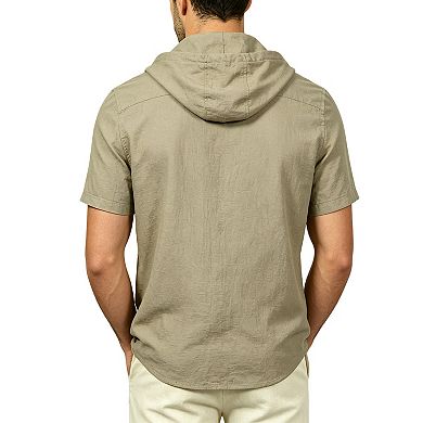 Lightweight Cotton Hooded Button-Up Shirt with Drawcords Relaxed Short Sleeve