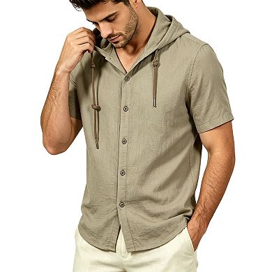Lightweight Cotton Hooded Button-Up Shirt with Drawcords Relaxed Short Sleeve