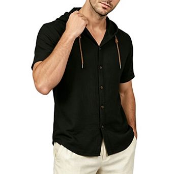 Lightweight Cotton Hooded Button-Up Shirt with Drawcords Relaxed Short Sleeve
