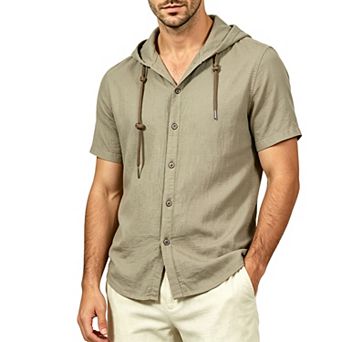 Lightweight Cotton Hooded Button-Up Shirt with Drawcords Relaxed Short Sleeve
