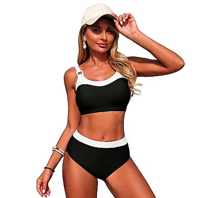 Women High-Waisted Colorblock Bikini Set with Adjustable Wrap Back Swim Suit