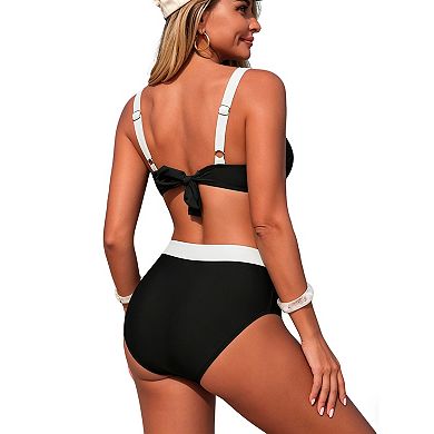 Women High-Waisted Colorblock Bikini Set with Adjustable Wrap Back Swim Suit