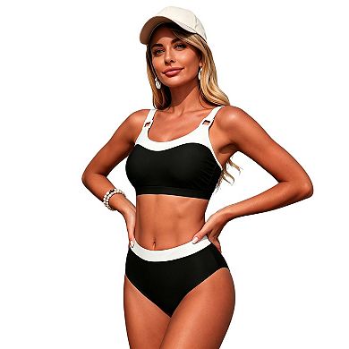 Women High-Waisted Colorblock Bikini Set with Adjustable Wrap Back Swim Suit