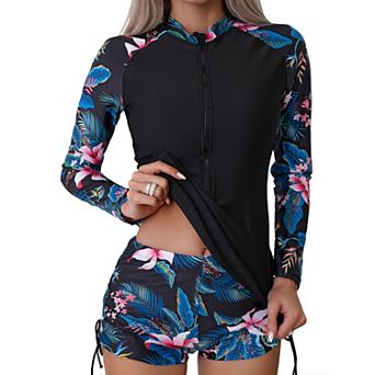 Women Floral Print Rash Guard Set with Front Zipper & Side-Tie Shorts Swim Suit