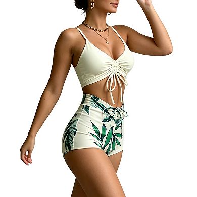 Women High-Waisted Bikini Set with Push-Up Wrap Top Adjustable Straps, Tummy Control Swim Suit