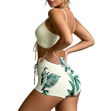 Women High-Waisted Bikini Set with Push-Up Wrap Top Adjustable Straps, Tummy Control Swim Suit