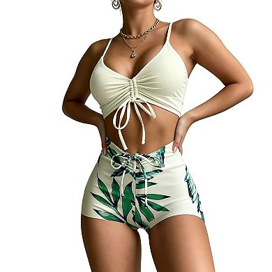Women High-Waisted Bikini Set with Push-Up Wrap Top Adjustable Straps, Tummy Control Swim Suit