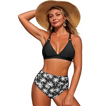 Women High-Waisted Triangle Bikini Set with O-Ring Straps Palm Print, Tummy Control Swim Suit