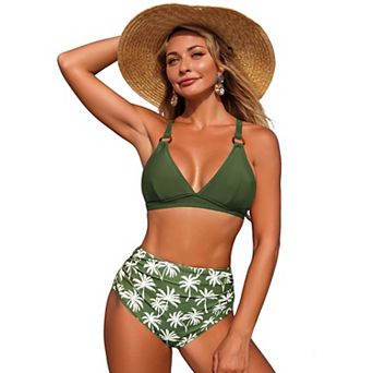 Women High-Waisted Triangle Bikini Set with O-Ring Straps Palm Print, Tummy Control Swim Suit