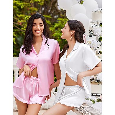 Zeagoo Womens Satin Pajamas Set Button Down 2 Piece Silk Pjs Shorts Ruffle Notch Collar Sleepwear