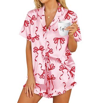 Zeagoo Womens Satin Pajamas Set Button Down 2 pc Silk Pjs Shorts Ruffle Notch Collar Sleepwear
