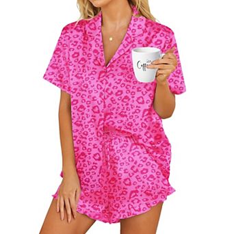 Zeagoo Womens Satin Pajamas Set Button Down 2 pc Silk Pjs Shorts Ruffle Notch Collar Sleepwear