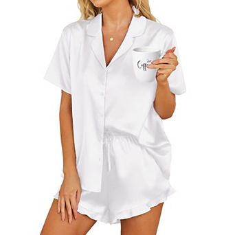 Zeagoo Womens Satin Pajamas Set Button Down 2 pc Silk Pjs Shorts Ruffle Notch Collar Sleepwear