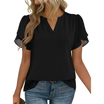 Zeagoo Women's Short Sleeve V Neck Chiffon Blouses Dressy Casual Business Work Tops