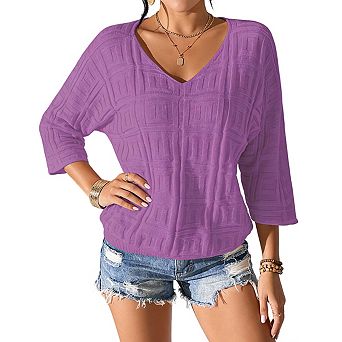 Womens V Neck 3/4 Sleeve Knit Top Textured Relaxed Loose Fit Casual Blouse