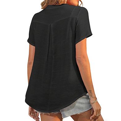 Womens Short Sleeve V Neck Blouse Button Placket Relaxed Fit Casual Tops