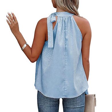 Womens Halter Neck Sleeveless Top Print Texture Self Tie Detail Flowy A Line Blouse