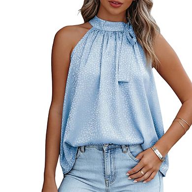 Womens Halter Neck Sleeveless Top Print Texture Self Tie Detail Flowy A Line Blouse