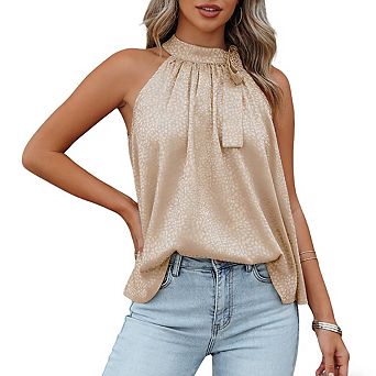 Womens Halter Neck Sleeveless Top Print Texture Self Tie Detail Flowy A Line Blouse