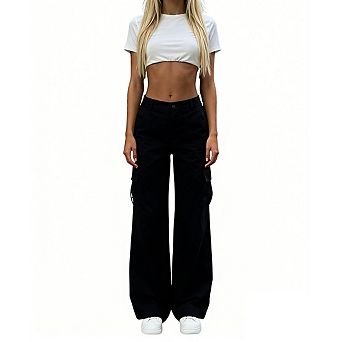Womens High Waist Wide Leg Cargo Pants Button Closure Cargo Pockets Trouser