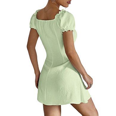 Womens Square Neck Puff Sleeve Mini Dress Ruched Front Button Down Dresses