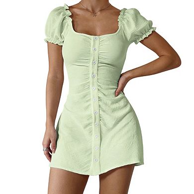 Womens Square Neck Puff Sleeve Mini Dress Ruched Front Button Down Dresses