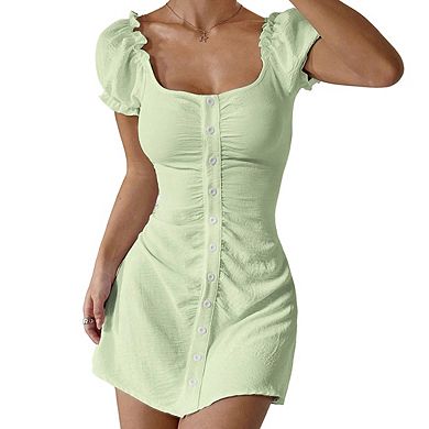 Womens Square Neck Puff Sleeve Mini Dress Ruched Front Button Down Dresses