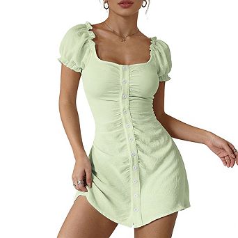 Womens Square Neck Puff Sleeve Mini Dress Ruched Front Button Down Dresses