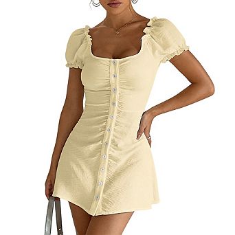 Womens Square Neck Puff Sleeve Mini Dress Ruched Front Button Down Dresses
