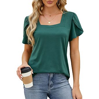 Womens Square Neck Short Petal Sleeve T Shirt Relaxed Fit Casual Tops