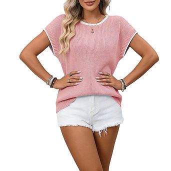 Womens Round Neck Batwing Sleeve Knit Top Contrast Trim Relaxed Loose Fit Blouse