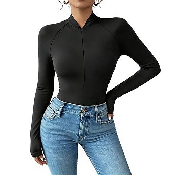 Womens Long Sleeve Mock Neck Bodysuit Half Zip Front Casual Bodysuits